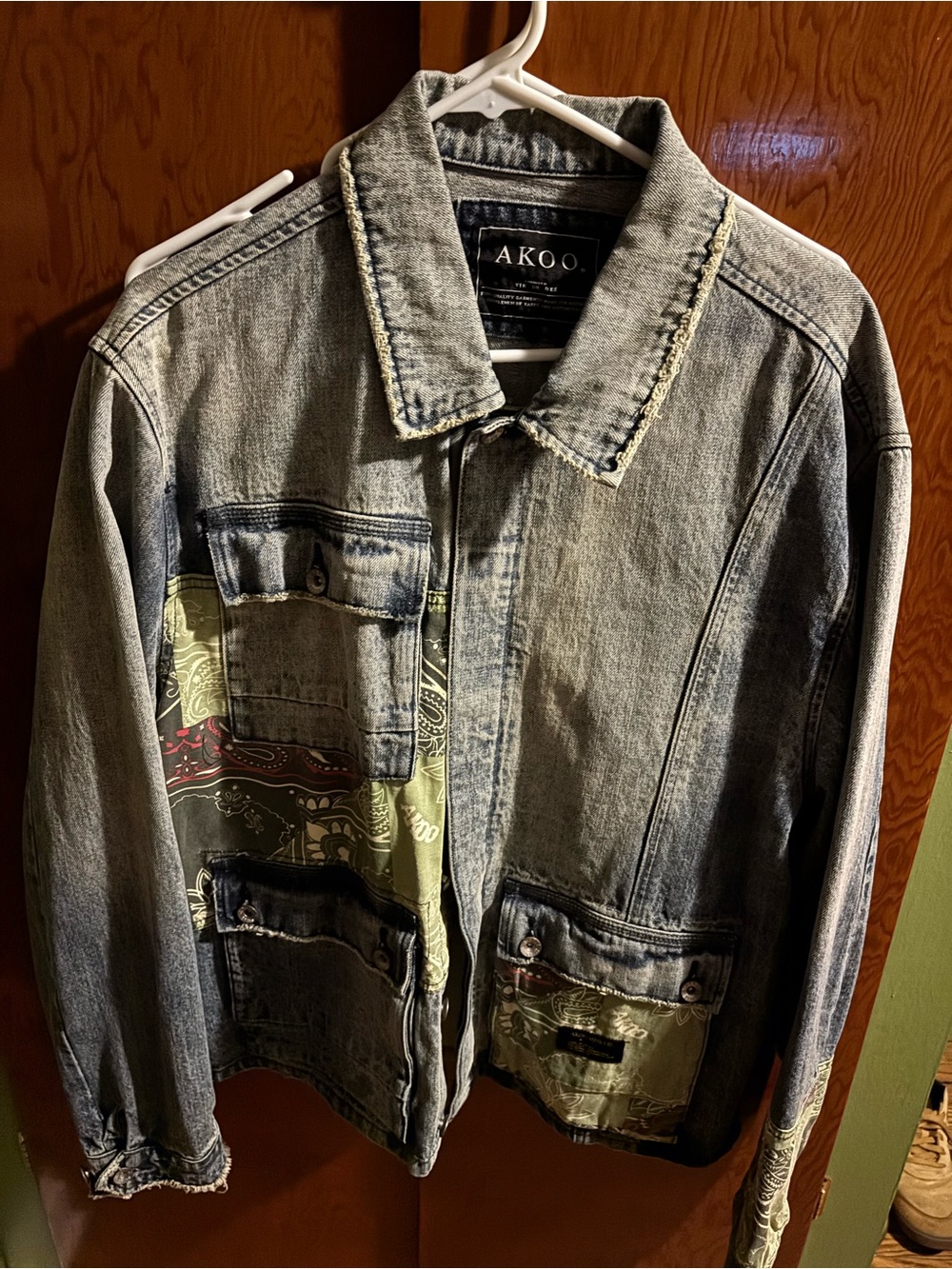 AKOO Washed Gray Denim Jacket with Olive Bandana Accents